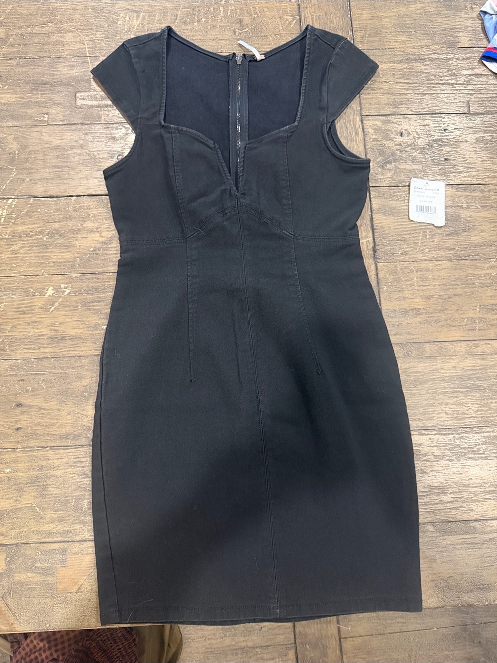 Free People NWT Black Cap-Sleeve denim dress.